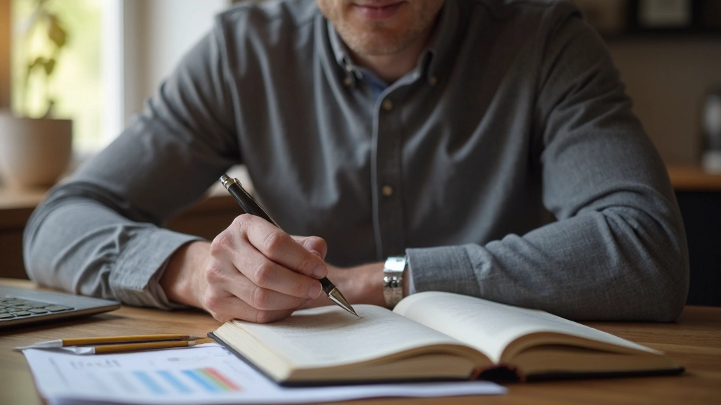 Professioneel afbeelding van man die financiële doelen schrijft in planningsboek