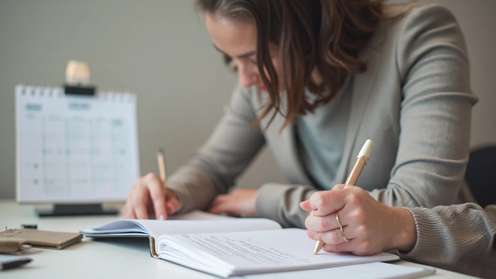 Professionele afbeelding van iemand die financiële doelen en spaarplannen noteert in een planner