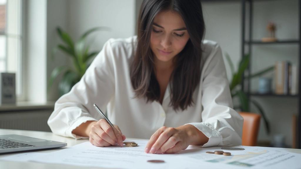 Professioneel afbeelding van vrouw met spaarplan en munten op tafel
