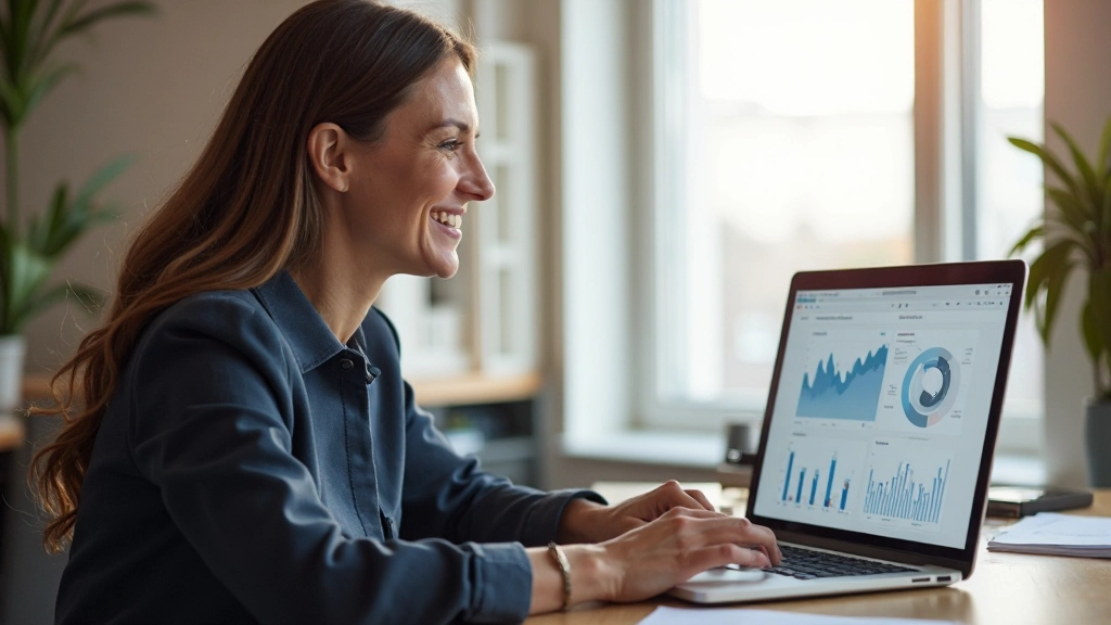 Vrouw met glimlach die haar voortgang controleert op een dashboard met grafieken en statistieken