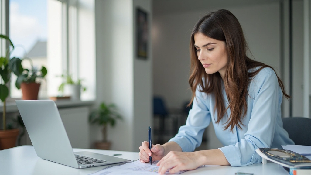 Professioneel afbeelding van vrouw die financiële planning doet met laptop en notitieboek op bureau