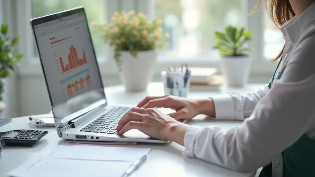 Professionele afbeelding van een vrouw die op een laptop aan een budget werkt met aantekeningen en rekenmachine op het bureau